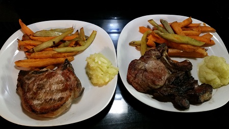 BBQ Pork chop with applesauce and sweet potato fries