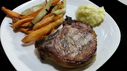 BBQ pork chop with sweet potato fries