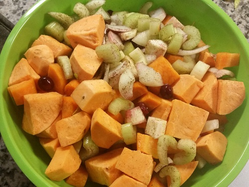 mix sweet potato and carrots with stuffing